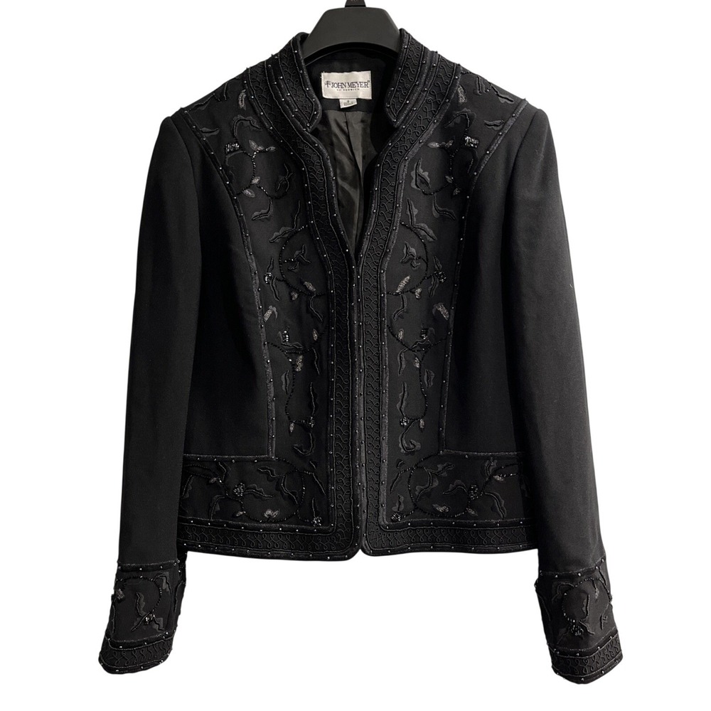 John Meyer Blazer Womens 16 Black Crepe Beaded‎ Sequin Open Front Jacket Event